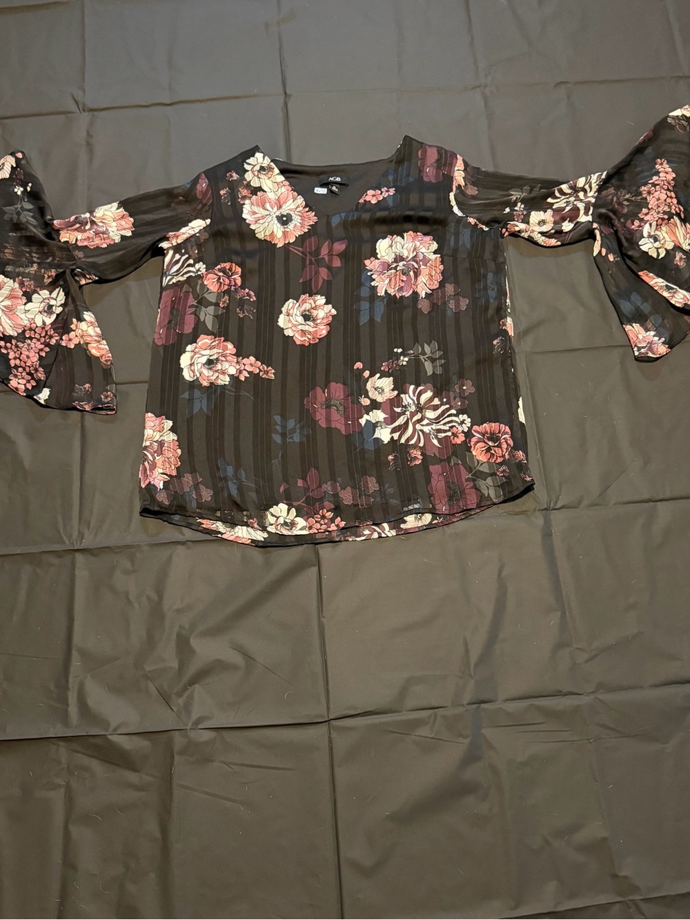 AGB XL Sheer Floral Bell Sleeve Blouse | Black Romantic Boho Top